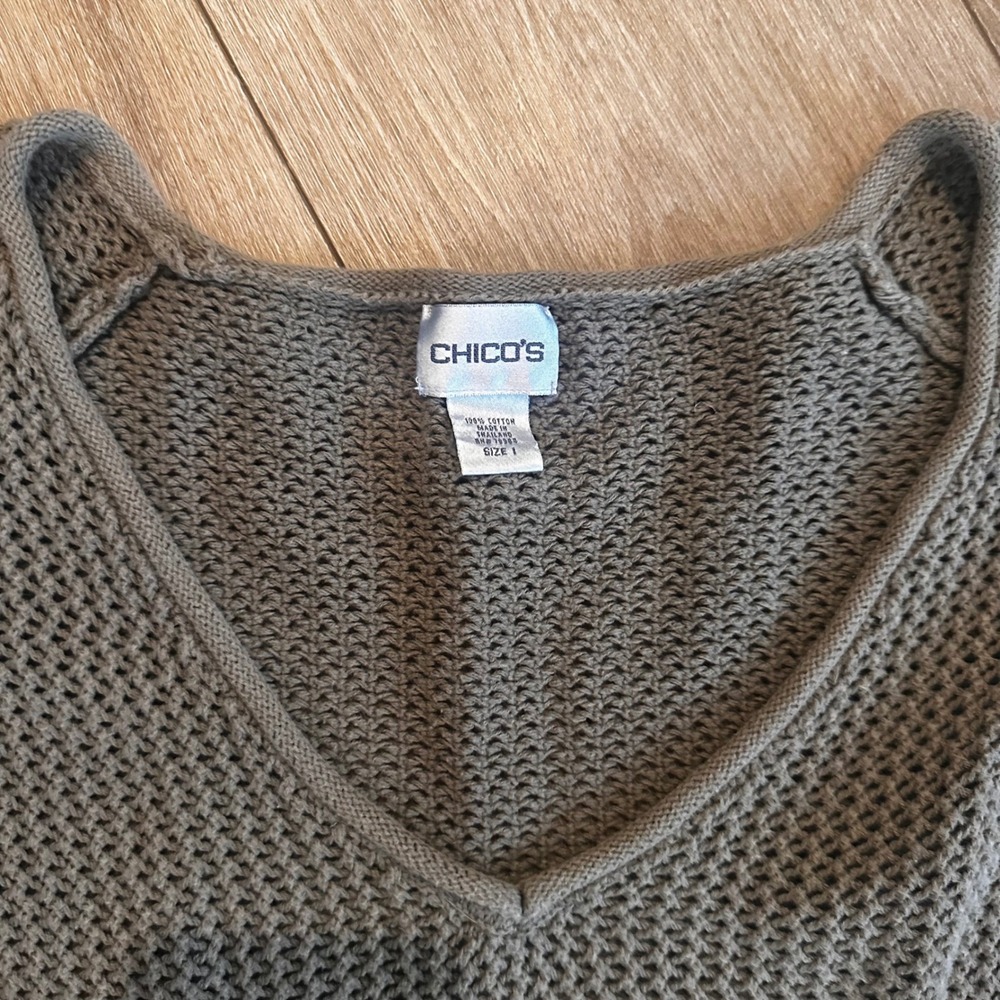 Chicos Cotton Open Knit V-Neck Sweater Olive Taupe Kangaroo Pocket Size 1 M - Picture 2 of 7